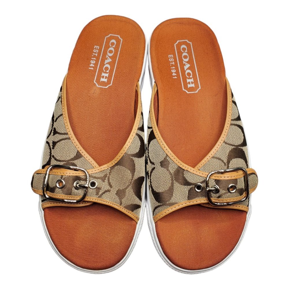 Coach Signature Bonny P229 Sandals sz 9B Canvas Buckle Sandals Slides Tan Orange